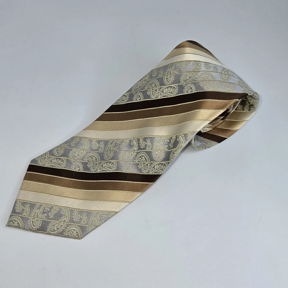 Vintage 100% Silk Paisley Striped Tie Brown Gold Silver‎ Jaquard Men's Necktie